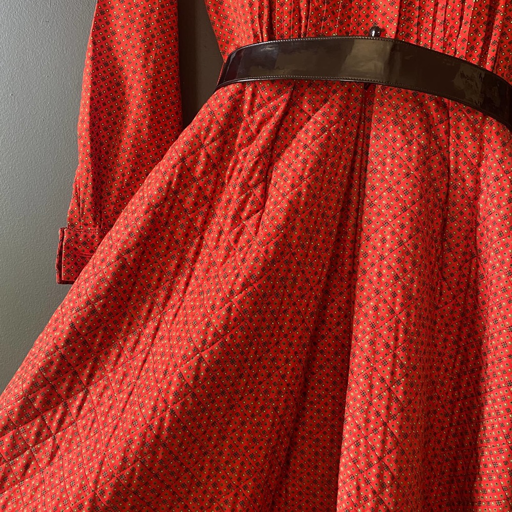 Vintage 1950's Mr. Mort Lord & Taylor Quilted Red Secretary Belted Midi Dress - Picture 3 of 12